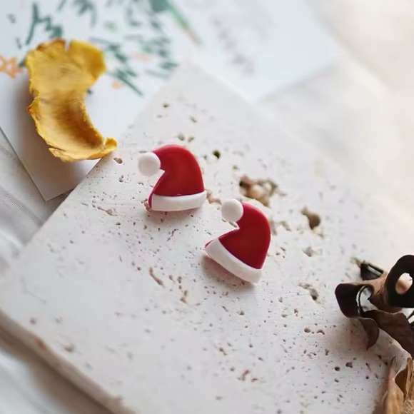 Mini Santa Hat Stud - Handmade Earrings - Red & White - Picture 2 of 2